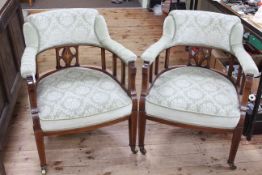 Pair Edwardian inlaid mahogany tub chairs in sage green fabric.