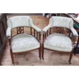 Pair Edwardian inlaid mahogany tub chairs in sage green fabric.