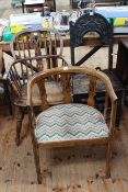 Antique Windsor elm elbow chair, carved oak side chair and Edwardian occasional armchair (3).