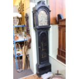 Antique eight day longcase clock having painted case and brass arched dial, signed James Glyd,