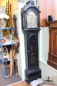 Antique eight day longcase clock having painted case and brass arched dial, signed James Glyd,