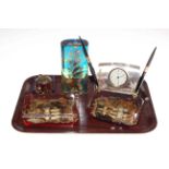 Collection of encased shells including clocks, pen stand and lamp base (5).