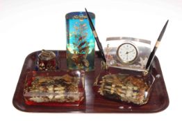 Collection of encased shells including clocks, pen stand and lamp base (5).