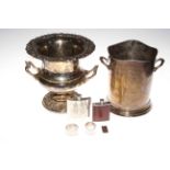 Silver plated wine cooler and champagne bucket, two spirit flasks,