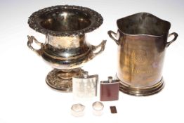 Silver plated wine cooler and champagne bucket, two spirit flasks,