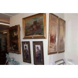 Two gilt framed oils, pair musician prints and pair stag prints (6).