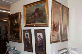 Two gilt framed oils, pair musician prints and pair stag prints (6).