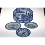 Collection of four antique Chinese blue and white plates and dishes, serving plate 35cm across.