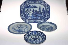 Collection of four antique Chinese blue and white plates and dishes, serving plate 35cm across.