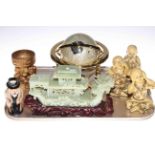 Tray lot with globe, alabaster dragon boat, three chinoiserie children,