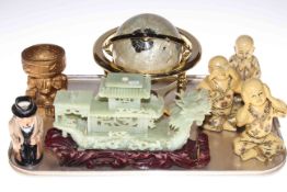 Tray lot with globe, alabaster dragon boat, three chinoiserie children,