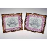 Pair of Dixon Sunderland lustre plaques with sailing ship and verse, 21.5cm across.