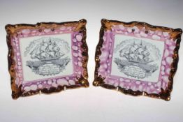 Pair of Dixon Sunderland lustre plaques with sailing ship and verse, 21.5cm across.