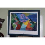 David Hockney print of landscape, signed with message, framed overall, 67cm by 85cm.