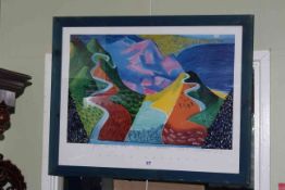 David Hockney print of landscape, signed with message, framed overall, 67cm by 85cm.