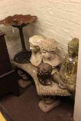 Curved squirrel garden bench, cast leaf bird bath, buddha and three busts (6).