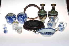 Collection of Chinese pieces comprising two prunus ginger jars, blue and white sauce boat,