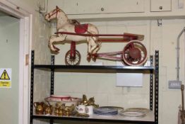 Vintage child's Mobo pedal horse, horsebrasses and brassware, toilet bowl and chamber pot,