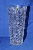 Waterford Crystal diamond cut tapering cylindrical vase.