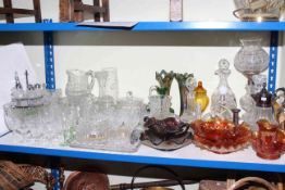 Collection of glassware including Carnival glass, decanters, jugs, vases, lamps, bowls, etc.