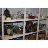 Full shelf of metalwares, Stoneware crock, cuckoo clock, pictures, wicker baskets,