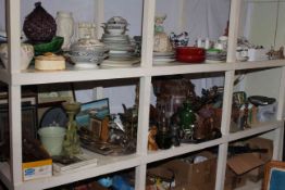 Full shelf of metalwares, Stoneware crock, cuckoo clock, pictures, wicker baskets,