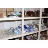 Full shelf of blue and white table china, assorted glassware, Royal Grafton Christmas plates,