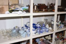 Full shelf of blue and white table china, assorted glassware, Royal Grafton Christmas plates,
