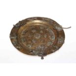 Chinese bronze plate with applied figures and animals, 23cm diameter.