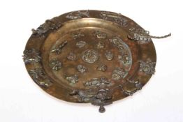 Chinese bronze plate with applied figures and animals, 23cm diameter.