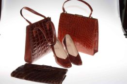 Pair Italian snake skin ladies shoes, size 3, and three vintage alligator/crocodile bags (4).