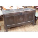 Antique oak triple panel front coffer, 142cm by 79cm.