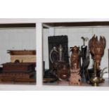 Assorted wood carvings including Buddha, Indian Elephant, boxes, cased cutlery, boxed glasses,