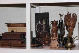 Assorted wood carvings including Buddha, Indian Elephant, boxes, cased cutlery, boxed glasses,