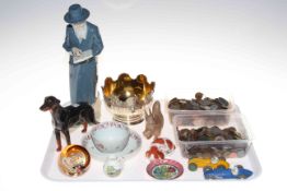 Tray lot with two Dinky racing cars, coins, Royal Crown Derby 'Puppy', Bing & Grondahl squirrel,