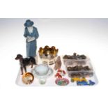 Tray lot with two Dinky racing cars, coins, Royal Crown Derby 'Puppy', Bing & Grondahl squirrel,