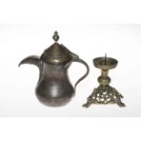 Antique candle prick stick with dragon and a Persian coffee pot (2).