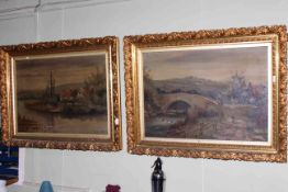 Pair Victorian gilt framed oils on canvas of lone figures in rural river scenes,