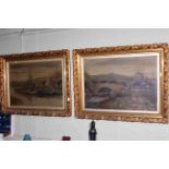 Pair Victorian gilt framed oils on canvas of lone figures in rural river scenes,