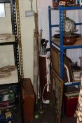 Brass standard lamp, vintage golf bag and clubs, map, needlework picture, suitcase, light fittings,