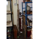 Brass standard lamp, vintage golf bag and clubs, map, needlework picture, suitcase, light fittings,