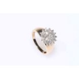 Diamond twenty one stone cluster ring set in 9 carat gold, approximate total 1.5 carat, size P.