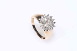 Diamond twenty one stone cluster ring set in 9 carat gold, approximate total 1.5 carat, size P.