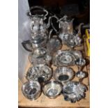 Victorian and later silver plate including spirit kettle, coffee pot, shell dish,
