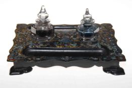 Victorian papier mache inkstand with mother of pearl inlay and two hexagonal bottles.