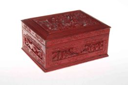 Chinese red lacquered carved wood box, with panels depicting figure in settings, 23cm across.