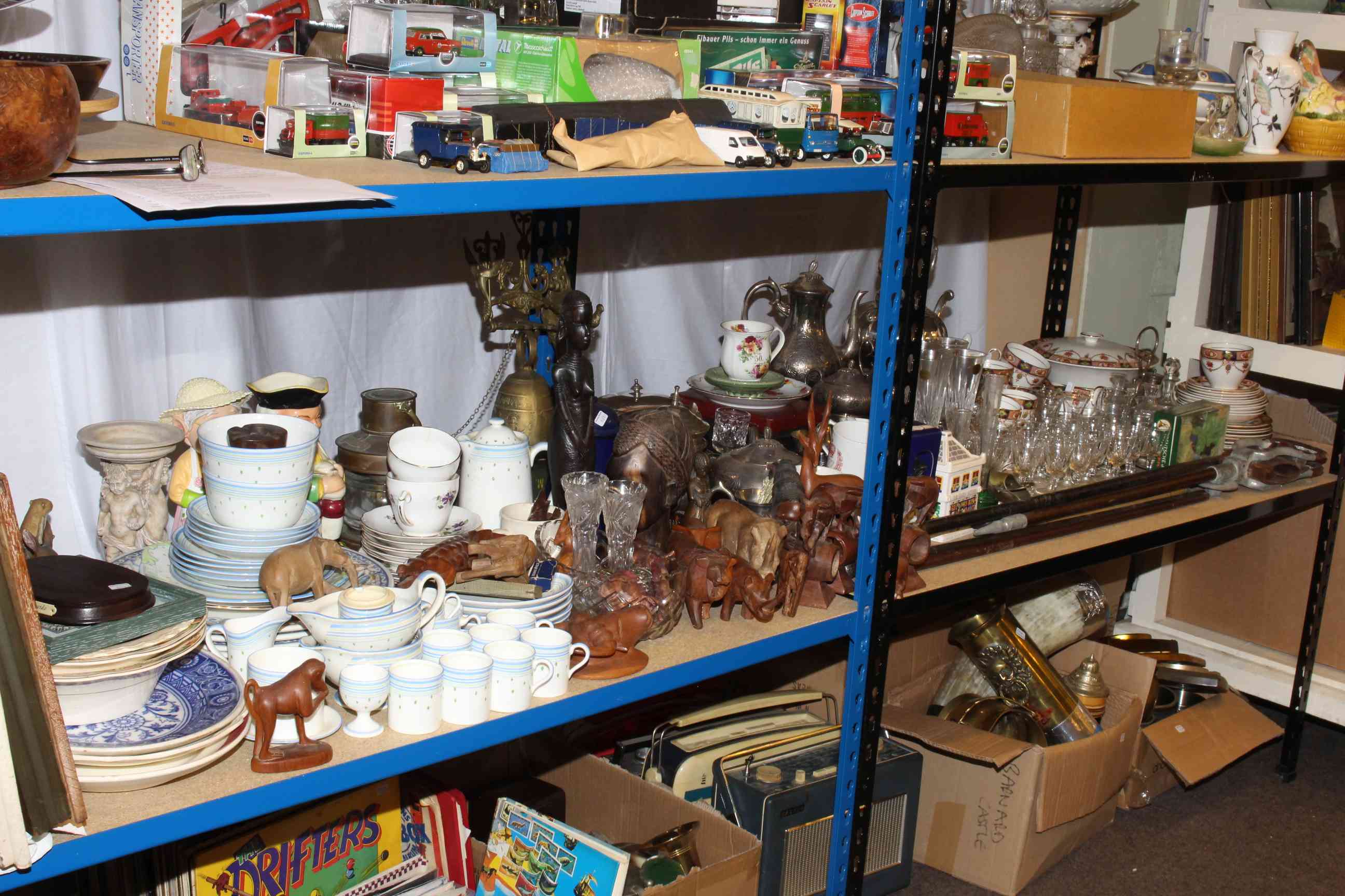 Assorted silver plate and metalware, shooting stick and walking sticks, Royal Doulton coffee ware,