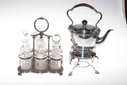 1920's silver plated spirit kettle and six bottle cruet (2).