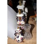 Three Masons Blue Mandalay table lamps, covered vase and crystal vase (5).