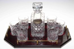 Crystal whisky decanter and six tumbler set with tray and silver label.